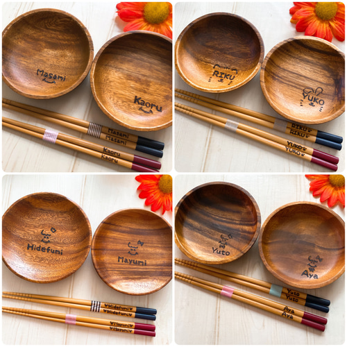 名前入り木皿＆お箸ペアセット ワンポイントデザイン♡⃜ウッド