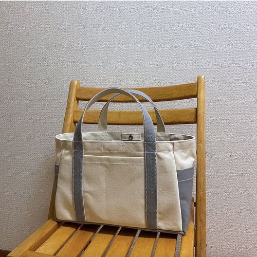 ポケットトート」横長サイズ「生成り✕グレー」／倉敷帆布8号