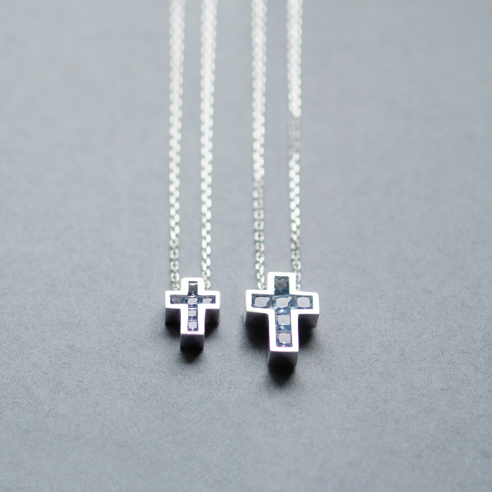 2コset) アクアマリン クロス ペア ネックレス シルバー925