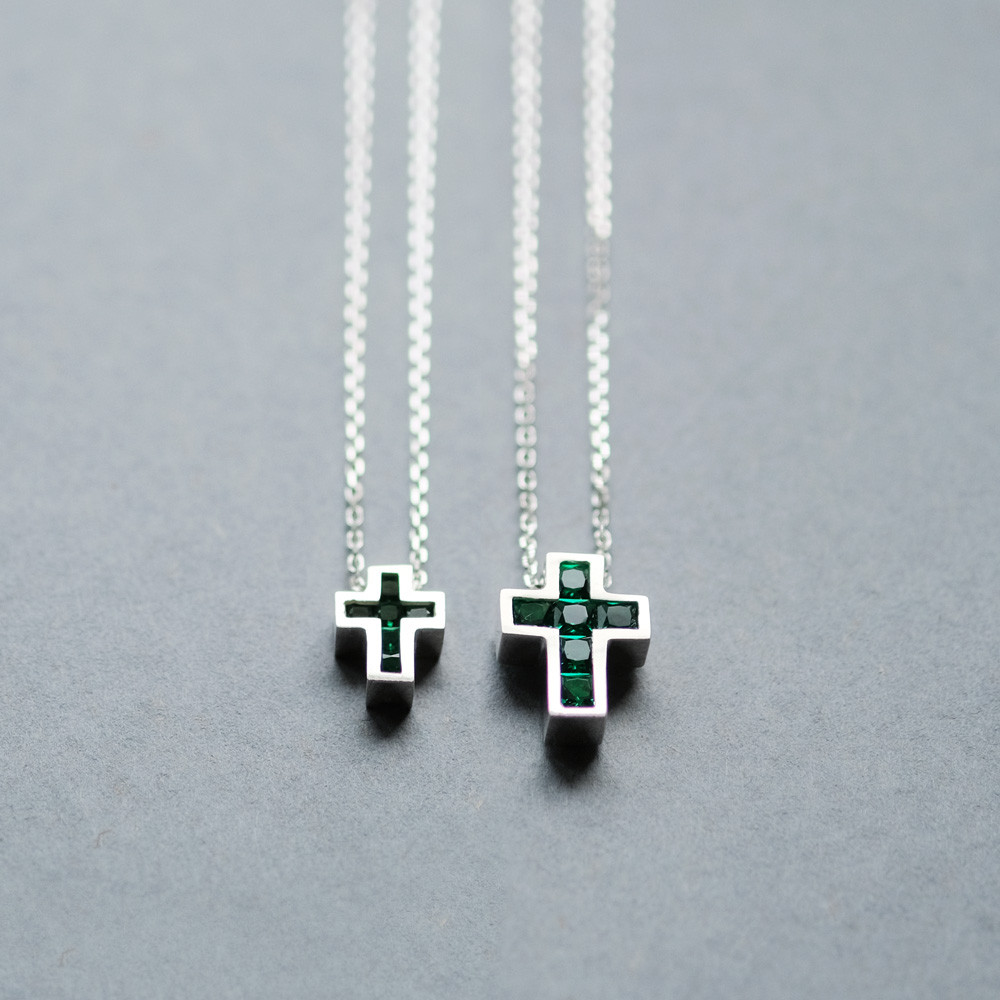 2コset) エメラルド クロス ペア ネックレス シルバー925