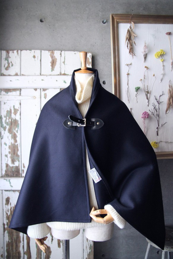 カシミア100% 最高級ポンチョ ネイビーx黒レザー シャルム加工 コート