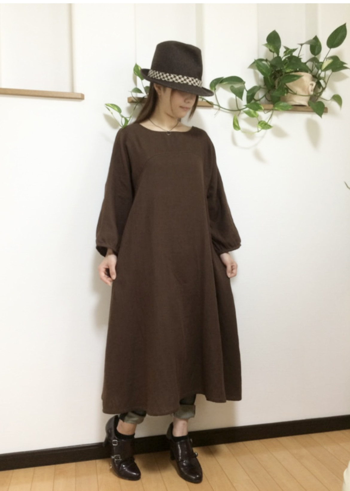 Wガーゼ秋色❣️ドルマン袖のワンピースチョコブラウン 7,931円