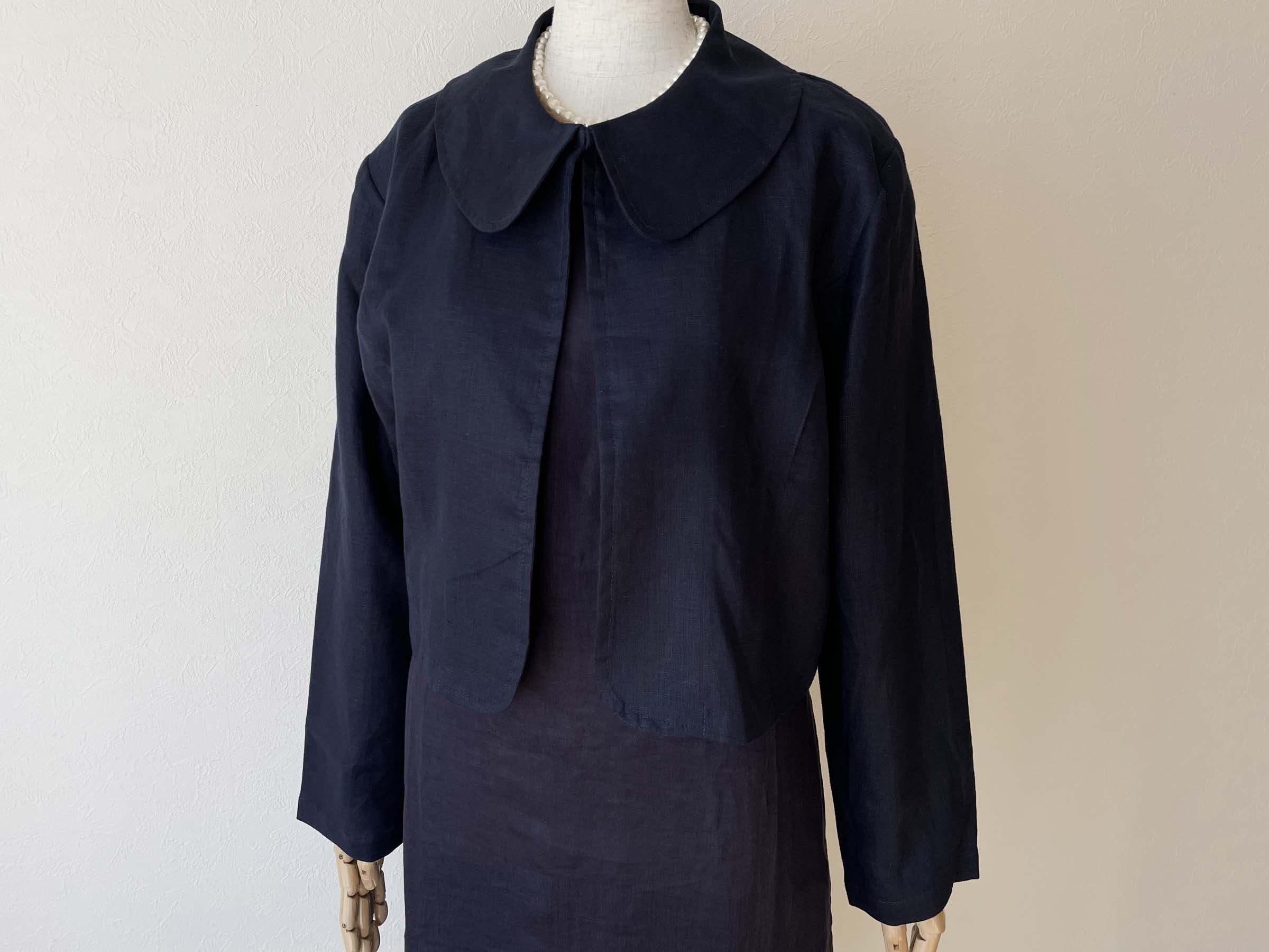 リネン 清楚で可愛い印象の丸襟ボレロ ネイビー 長袖 入学式・卒業式