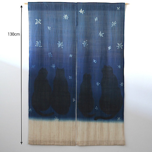 暖簾 のれん N-8123 雪ネコ 藍染 墨染 本麻 半間 90x130cm