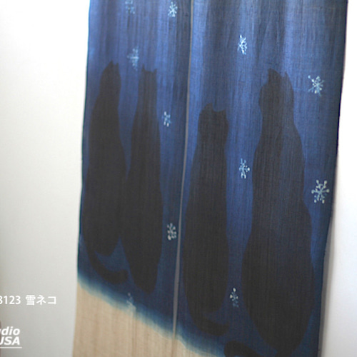 暖簾 のれん N-8123 雪ネコ 藍染 墨染 本麻 半間 90x130cm