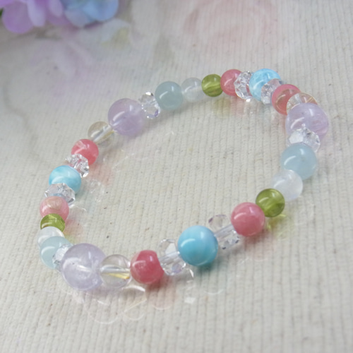 天然石ハンドメイドブレスレット　ラリマー　アクアマリン　ヒーリングストーン　夏色 ♡七色の幸せの虹♡ラリマー/インカローズ/ムーンストーン/ルチル