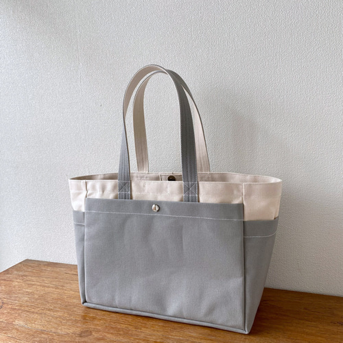 ボックストート」通勤サイズ「生成り✕グレー✕ネイビー(紺)」／倉敷  