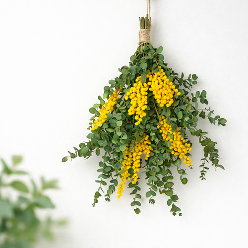 特集掲載 春めく ミモザとユーカリのナチュラルスワッグ（スタンダード