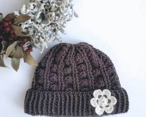 ★決算特価商品★ モヘアのお花が可愛い 模様編みのニット帽(お子様用) 帽子 帽子