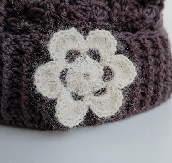 モヘアのお花が可愛い 模様編みのニット帽(お子様用) 6枚目の画像