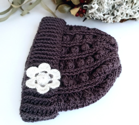 モヘアのお花が可愛い 模様編みのニット帽(お子様用) 5枚目の画像