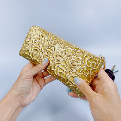 薄くて軽いL字長財布 24枚カードポケット エナメルローズ イエロー  