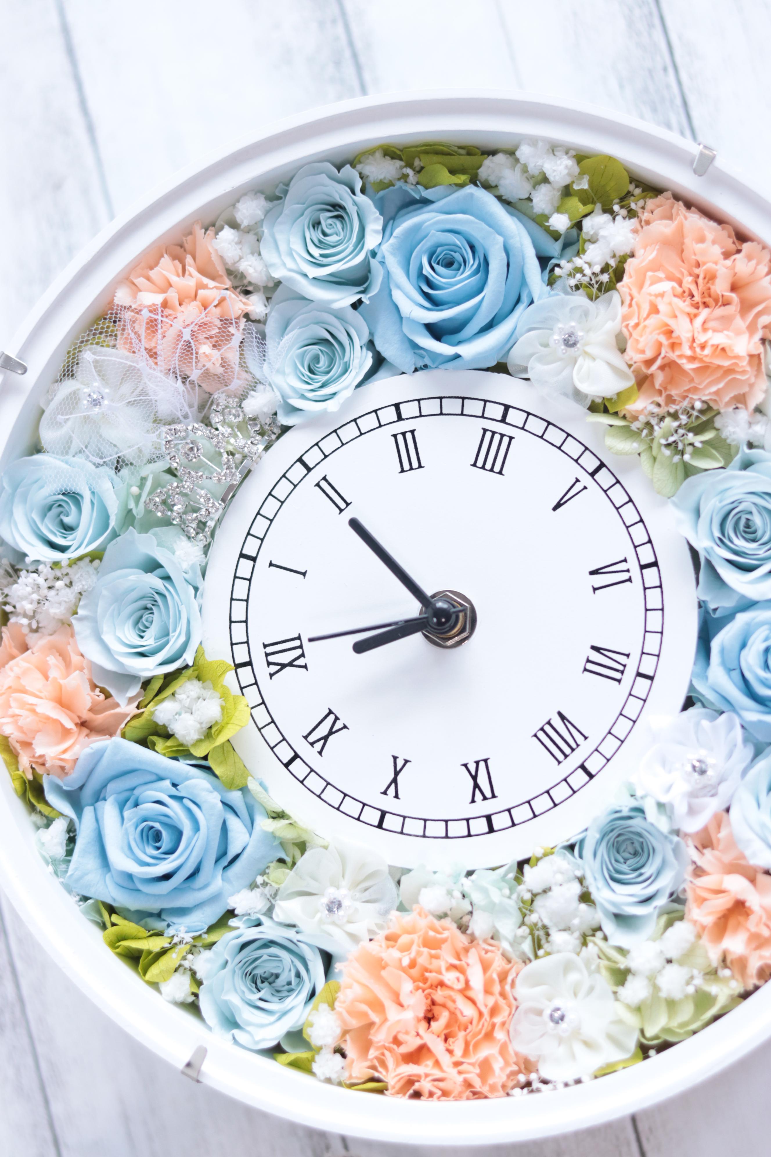 ティアラ&ヴェールの花時計＊無料ラッピング付＊プリザープドフラワー＊結婚・出産・誕生日・母の日＊数量限定ピンク台変更ＯＫ