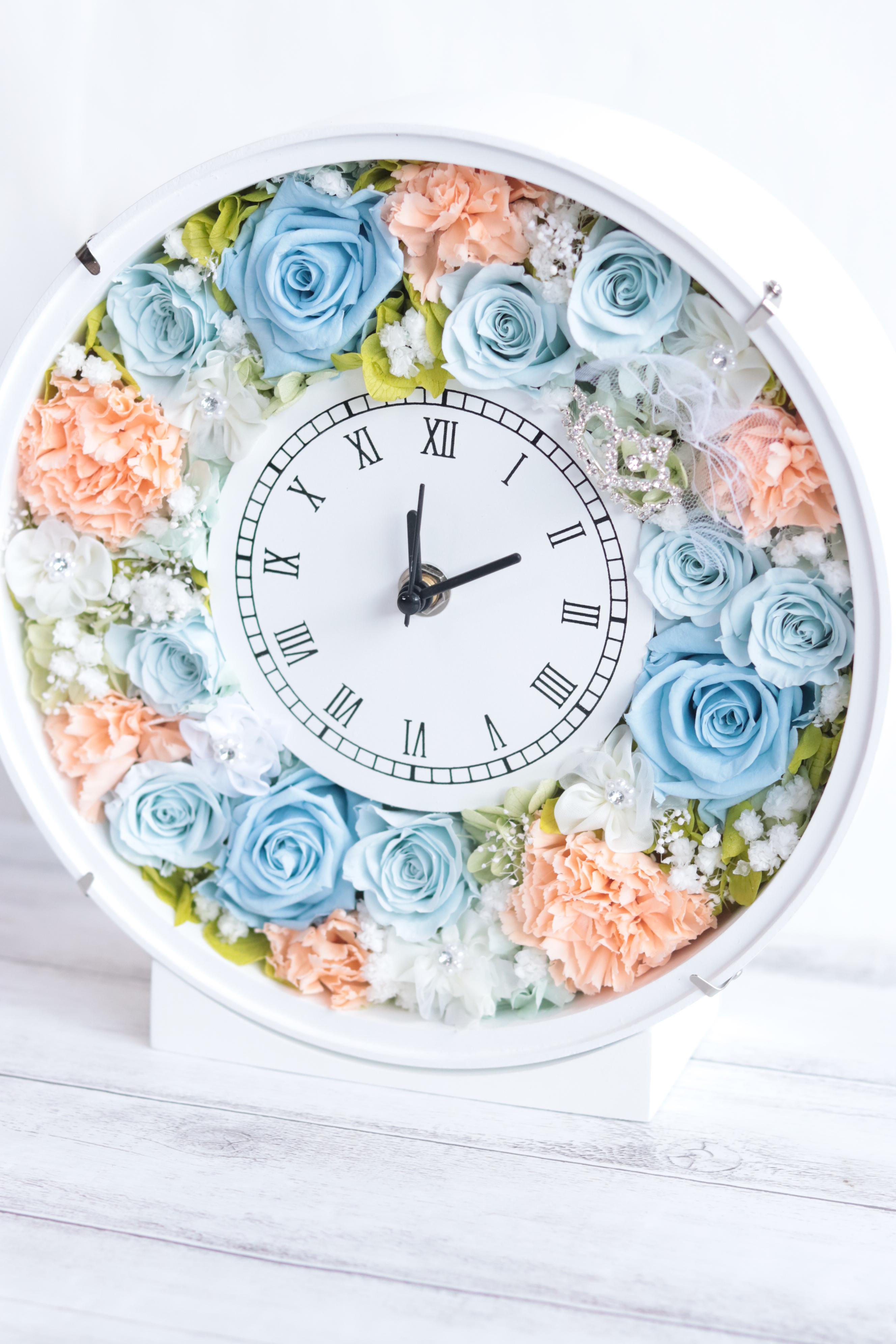 ティアラ&ヴェールの花時計＊無料ラッピング付＊プリザープドフラワー＊結婚・出産・誕生日・母の日＊数量限定ピンク台変更ＯＫ