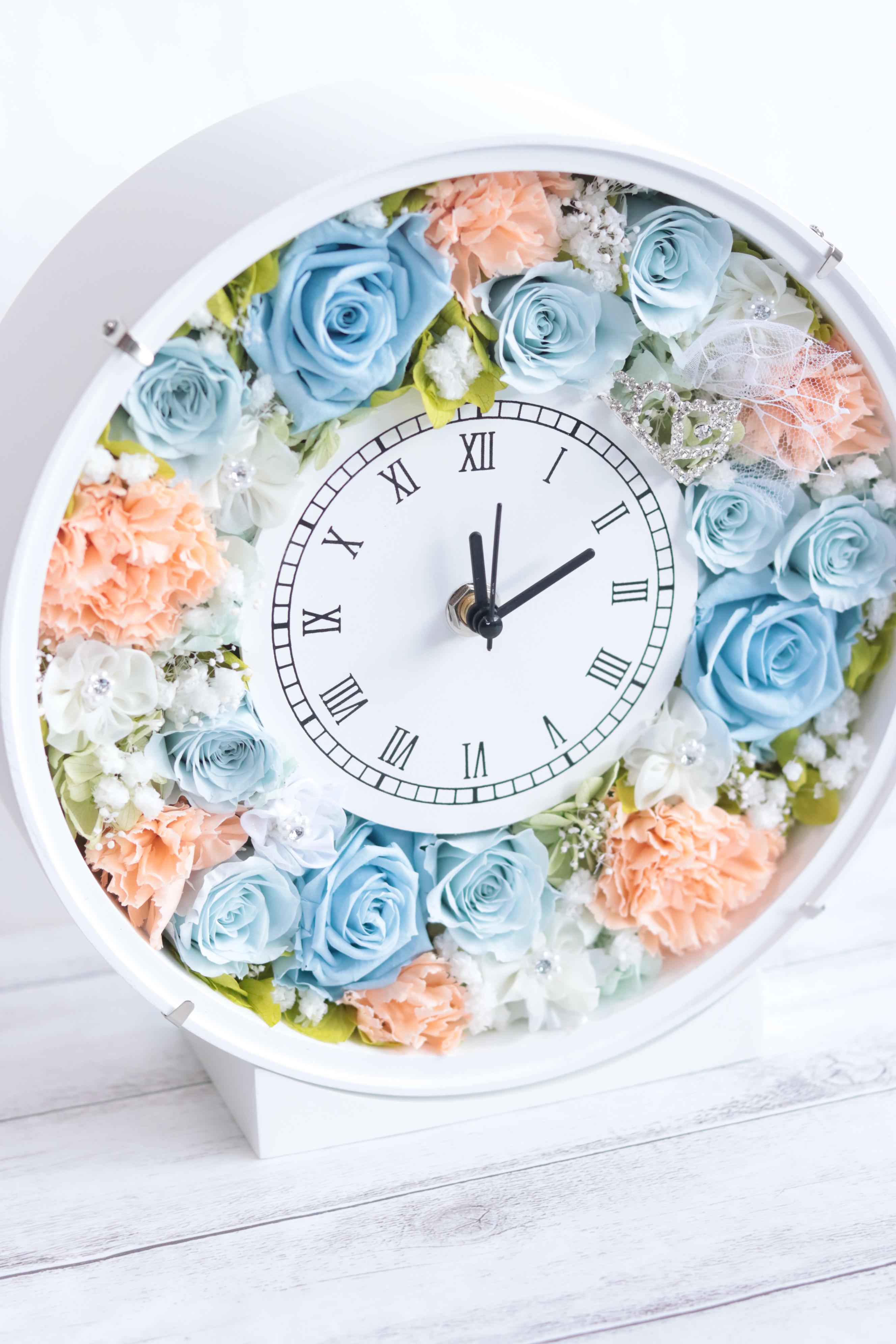 ティアラ&ヴェールの花時計＊無料ラッピング付＊プリザープドフラワー＊結婚・出産・誕生日・母の日＊数量限定ピンク台変更ＯＫ