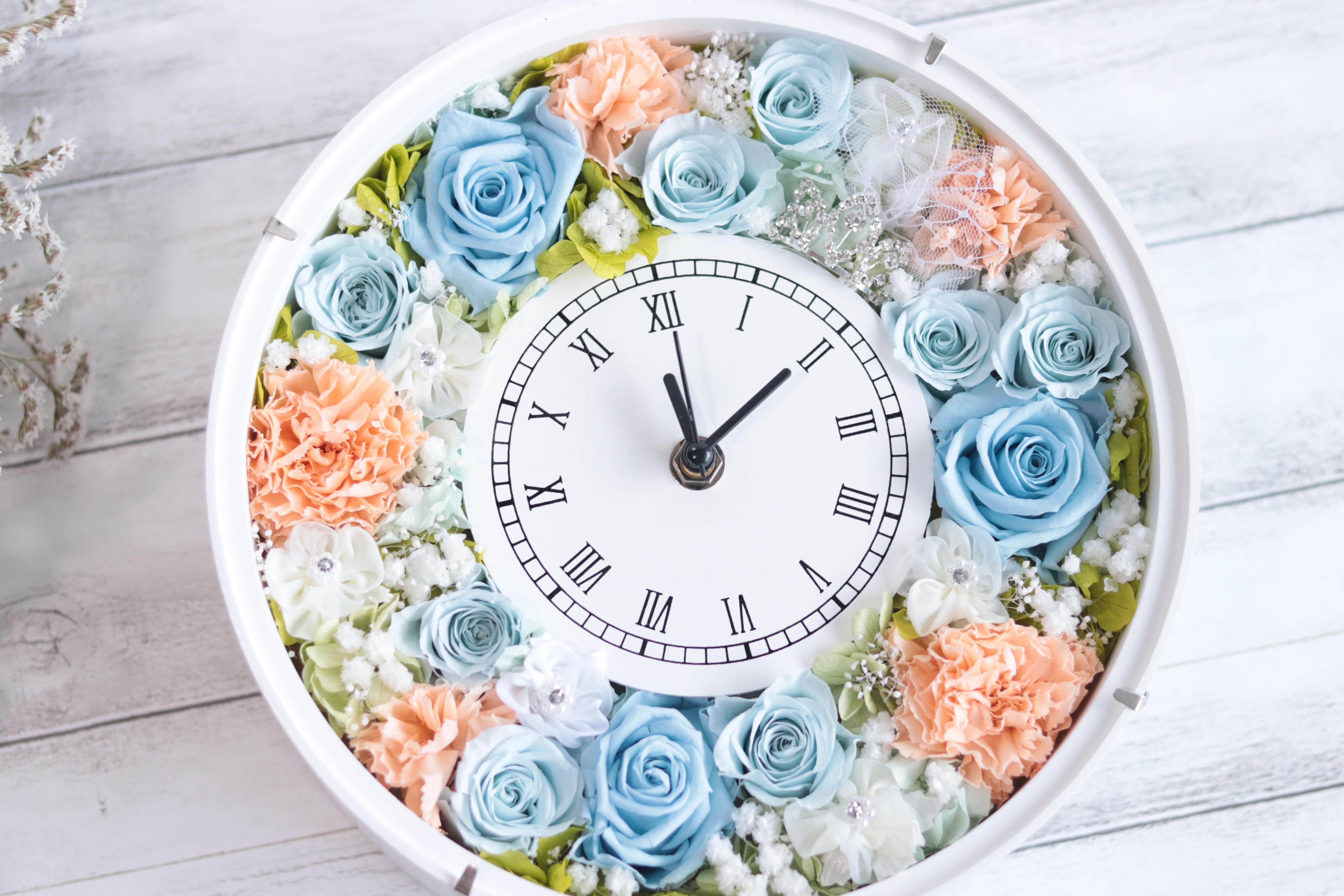 ティアラ&ヴェールの花時計＊無料ラッピング付＊プリザープドフラワー＊結婚・出産・誕生日・母の日＊数量限定ピンク台変更ＯＫ