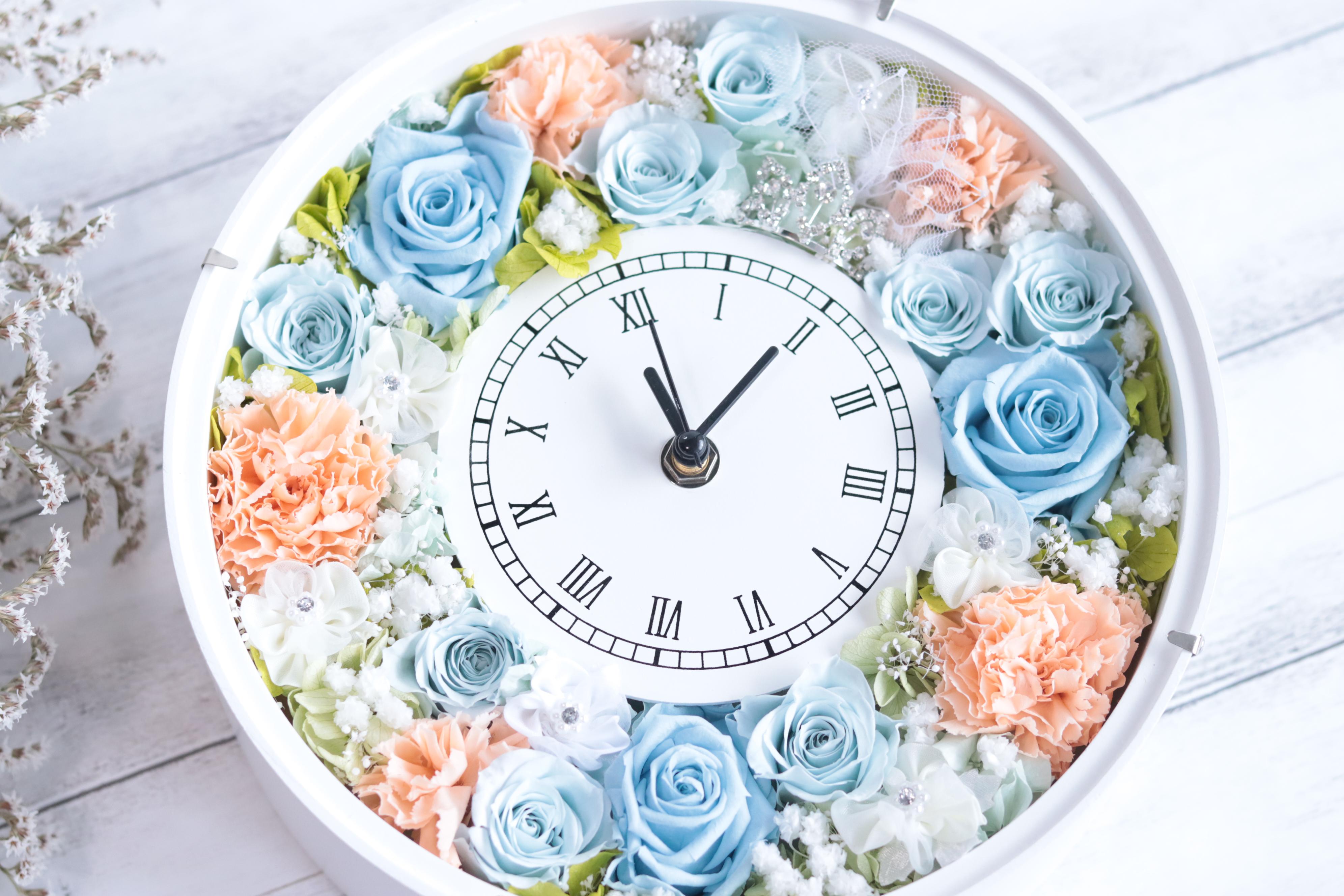 ティアラ&ヴェールの花時計＊無料ラッピング付＊プリザープドフラワー＊結婚・出産・誕生日・母の日＊数量限定ピンク台変更ＯＫ