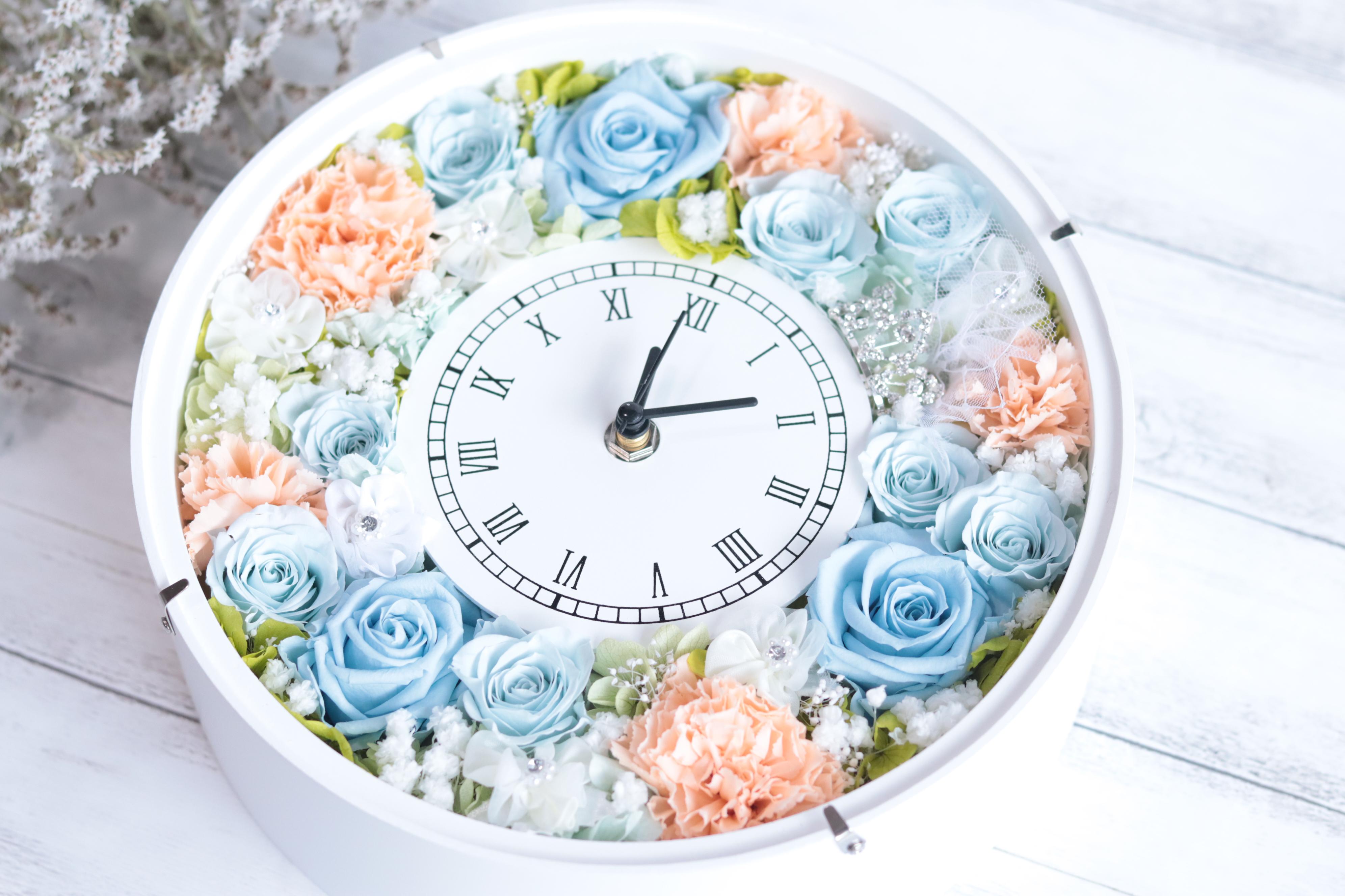ティアラ&ヴェールの花時計＊無料ラッピング付＊プリザープドフラワー＊結婚・出産・誕生日・母の日＊数量限定ピンク台変更ＯＫ