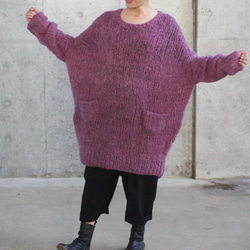 手工編織粗馬海毛長毛衣紫色 第4張的照片