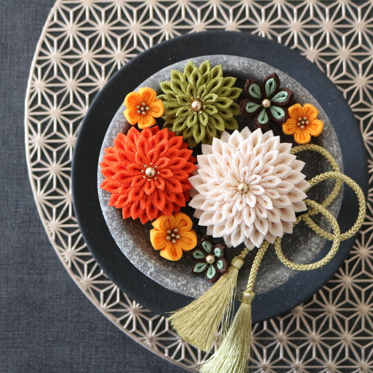 【アイボリー】つまみ細工の髪飾りセット＊成人式や和装結婚式のかんざしとして