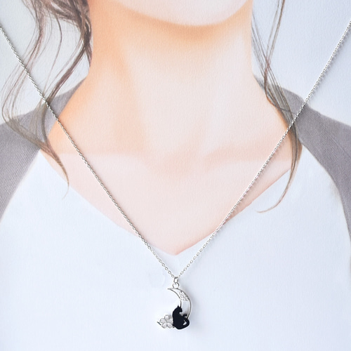 黒猫 小 三日月 銀 桜 ネックレス / 単品 ロング バッグチャーム 記念 