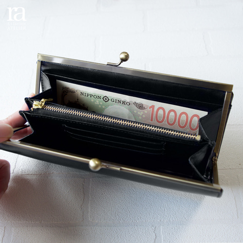 送料無料】高級イタリアンレザー がまぐち 長財布 ブラック ガマ口