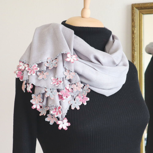 [Made to order] OYA Pashmina shawl [SAKURA] Light gray 第1張的照片