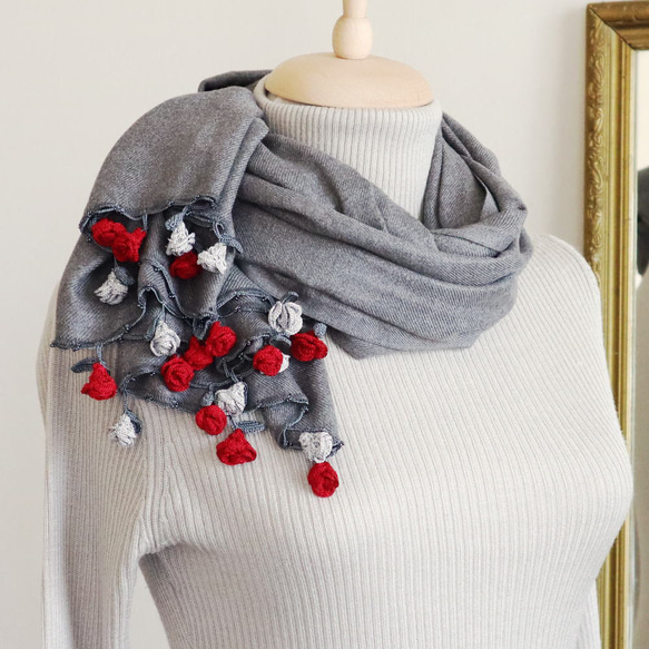 [Made to order] OYA crochet pashmina shawl [ROSE] Gray 第1張的照片