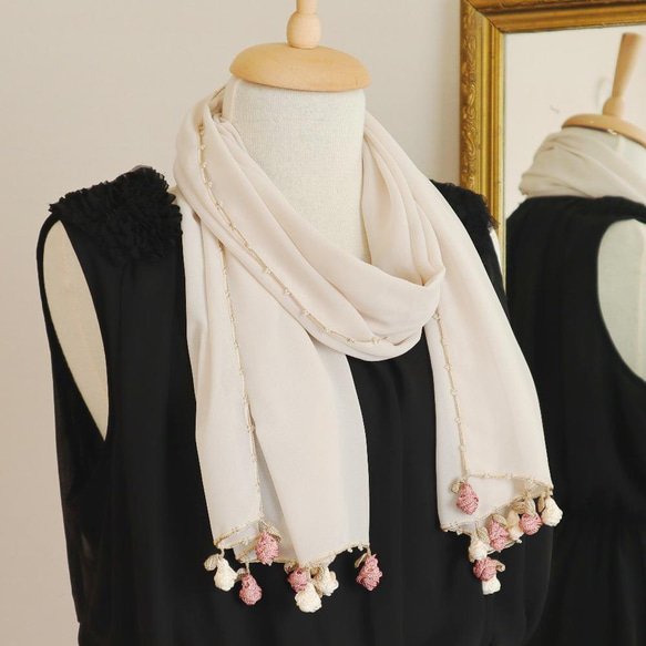 [Made to order] OYA Chiffon shawl [ROSE] Cream Beige 第4張的照片