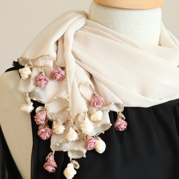 [Made to order] OYA Chiffon shawl [ROSE] Cream Beige 第2張的照片