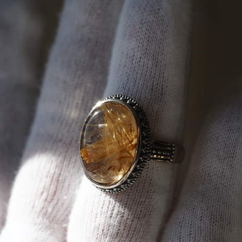 ゴールデンルチルクォーツ18 S925アンティークデザインリング❀ 指輪