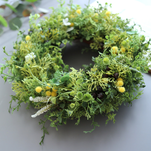 アーティフィシャルのグリーンリース ミモザ 27cm リース Bleu du ciel