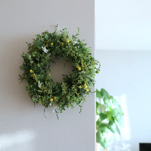 アーティフィシャルのグリーンリース ミモザ 27cm リース Bleu du ciel