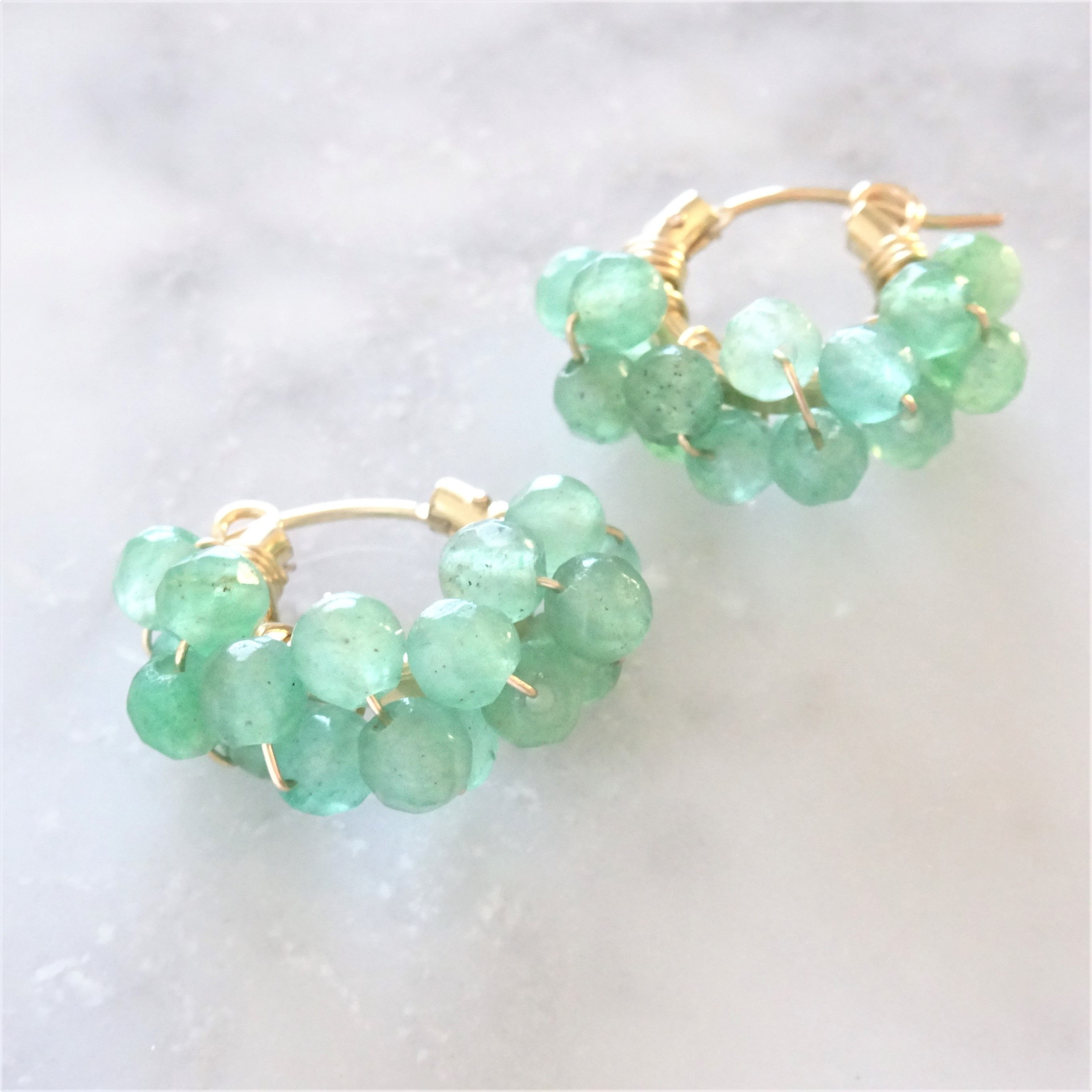 即納/送料込14kgf Green Aventurine wrapped hoop pierced earringミント
