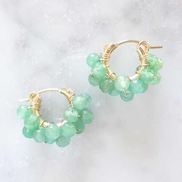 即納/送料込14kgf Green Aventurine wrapped hoop pierced earringミント 2枚目の画像