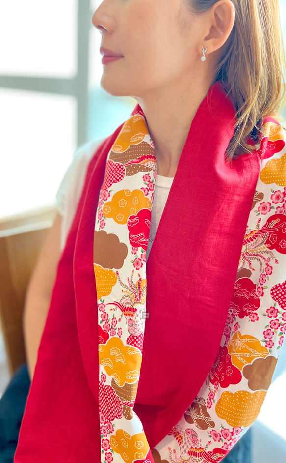 スカーフNo.192 *慶典。Festivas*設計師手作過年喜氣鳳凰花朵橘紅色拼接圍巾披肩 第1張的照片