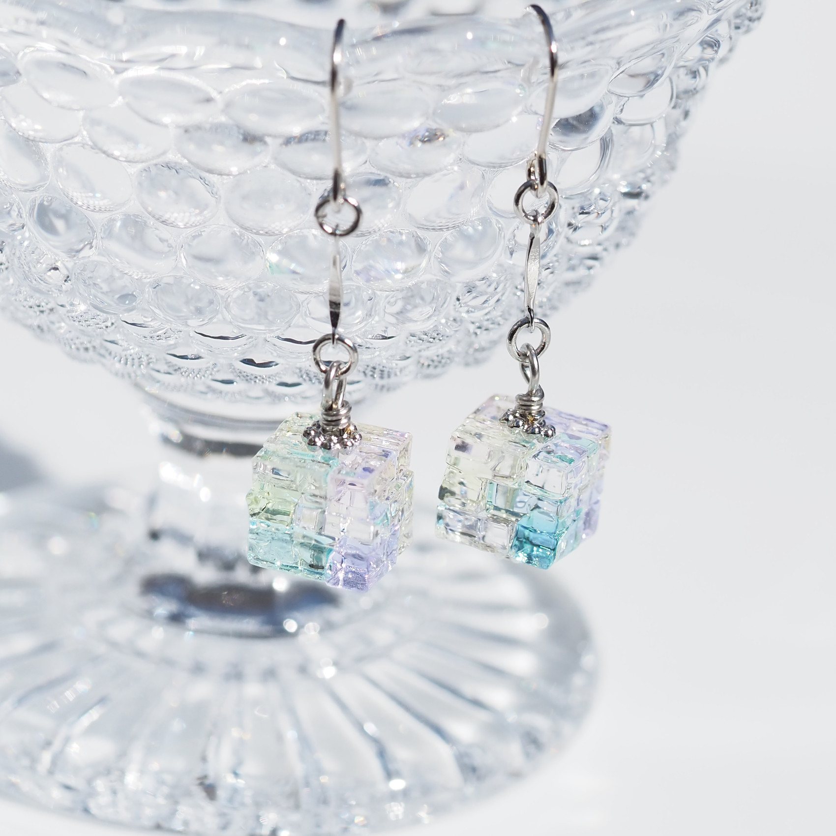 立方体ガラス『キューブ【ミニ】【夢】』ピアス/イヤリング【金具選べます】【受注制作】≪送料無料≫