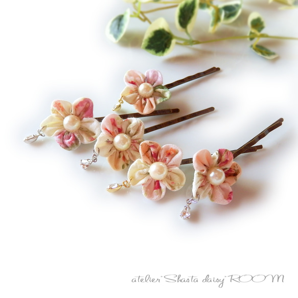 布のお花のヘアピン☆しずく型クリスタルチャーム付』髪飾り 髪留め