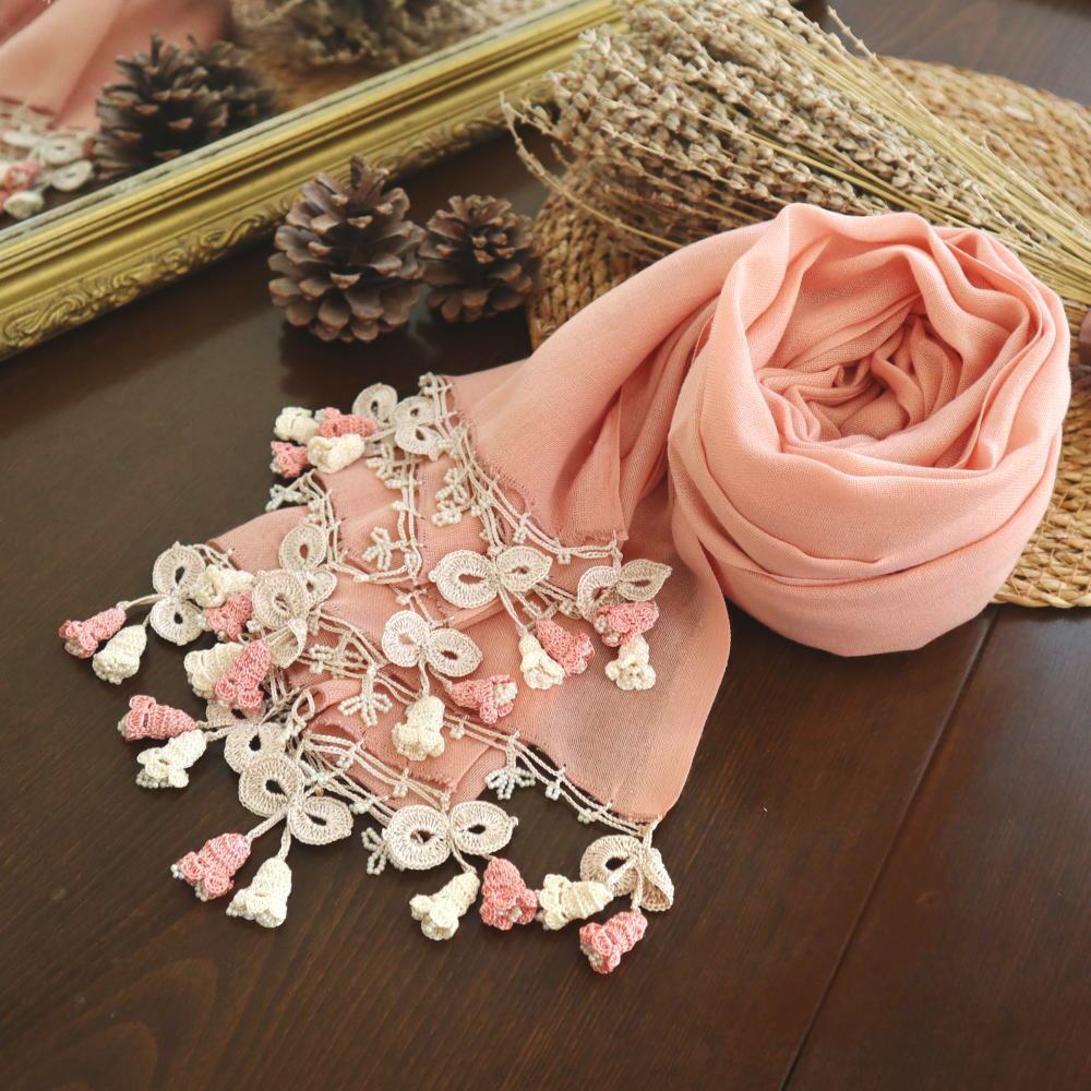 【受注制作】オヤレースの花付き 薄手パシュミナストール「カンパネラ」ピーチピンク