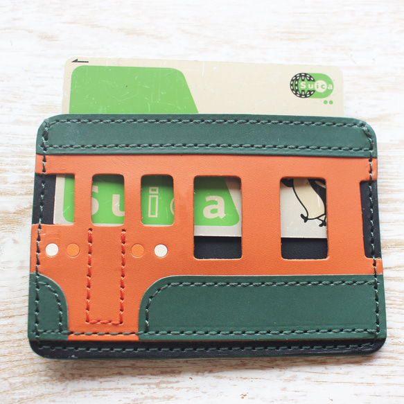 電車パスケース　オレンジ・緑　レザー 2枚目の画像