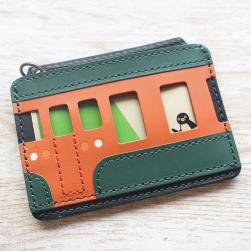 電車パスケース オレンジ・緑 レザー パスケース・定期入れ crafta