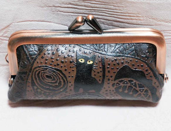 猫のデザイン レザークラフト 口金ハンコ&小銭ケース バッグ 財布