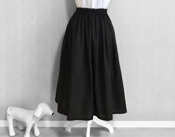 国産ダブルガーゼ(ブラック)◇ソフト加工　ギャザースカート　 1枚目の画像