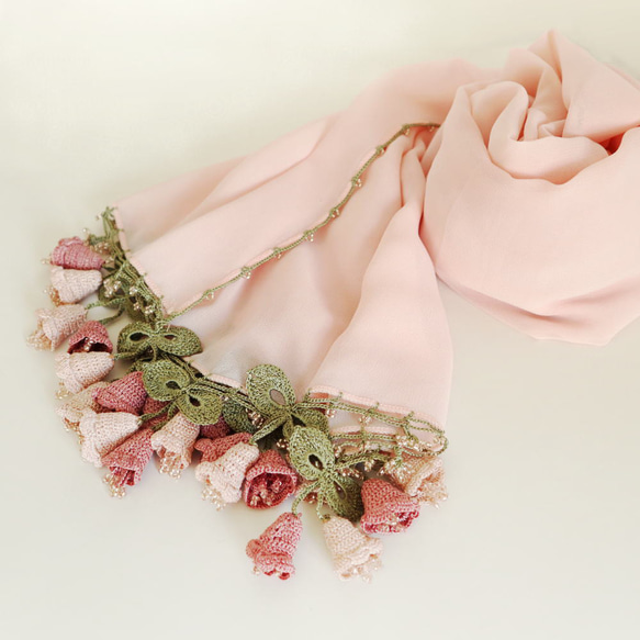 [Made to order] OYA crochet chiffon shawl [Campanella] Pink 第5張的照片