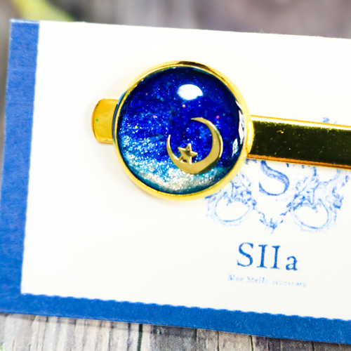 CRESCENT VIVI ネクタイピン ゴールド 青色ストーン 水引ラッピング】 ネクタイピン ツイスト 本革はめ込み 名入れ可 Tps