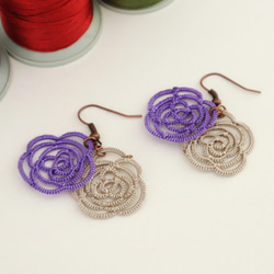 OYA Tatting lace earrings [OPEN ROSE] Purple Beige 第1張的照片