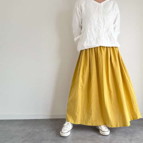 夏にさらりと快適♪ cottonリネンのギャザースカート マスタード