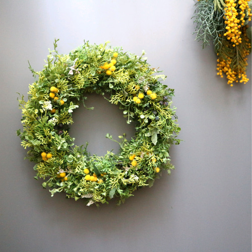 アーティフィシャルフラワーのリース ミモザ 32cm アートフラワー Bleu
