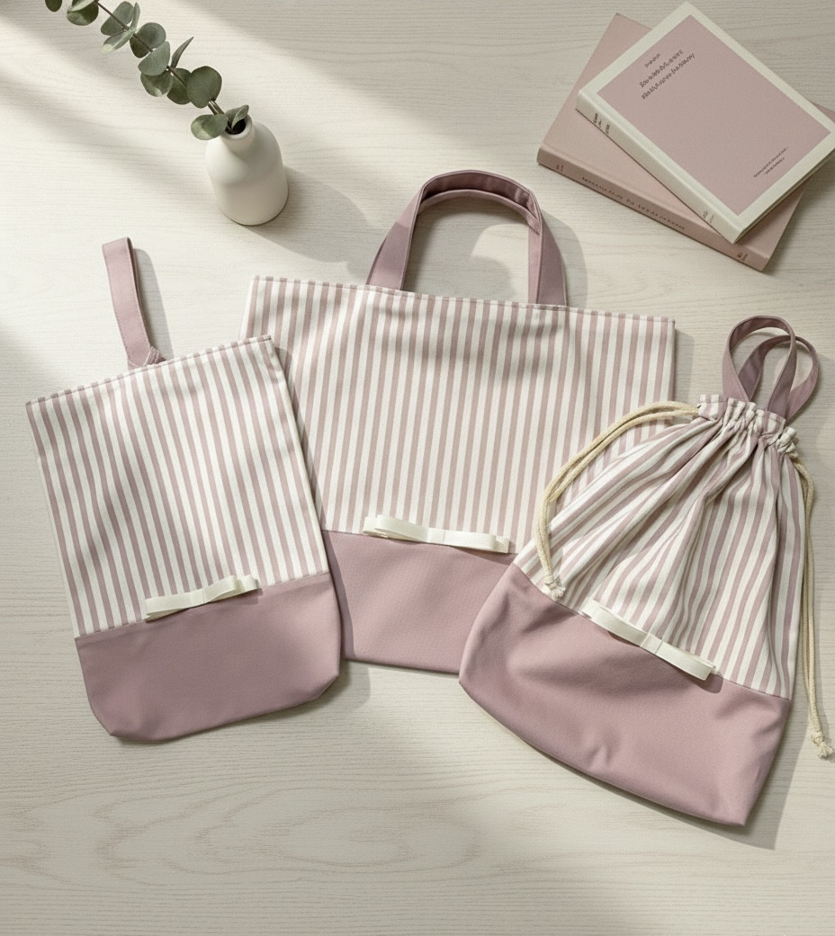 入園入学グッズ【サイズオーダー】ストライプリボンのレッスンバック&体操着入れ&上履き入れセット