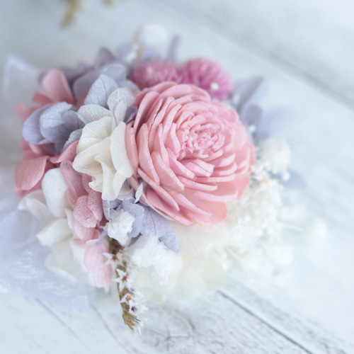 NO.87 淡いピンク、ラベンダーのブーケ&ブートニア&ヘッドドレスの